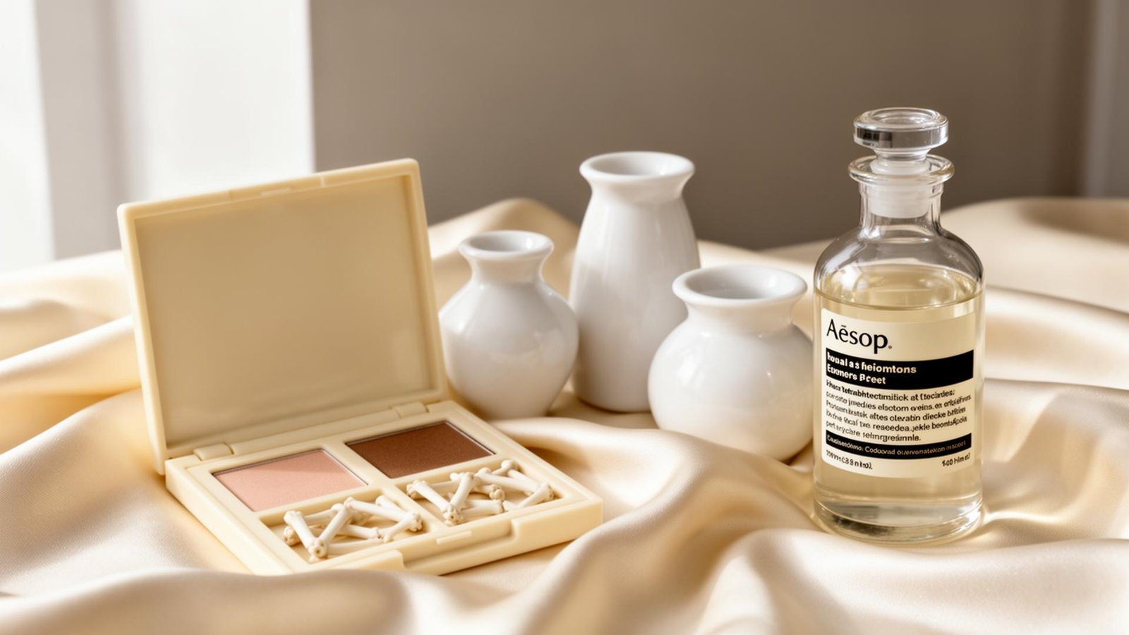 ILMUTOTO RJ Cosmetics editorial still life — ivory ceramics and apothecary glass on cream silk